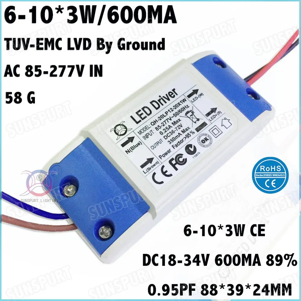 5 20 шт. наземный TUV CE EMC LVD PF внешний Вт AC85 277V светодиодный драйвер 6 10Cx3W 600mA DC18 34V