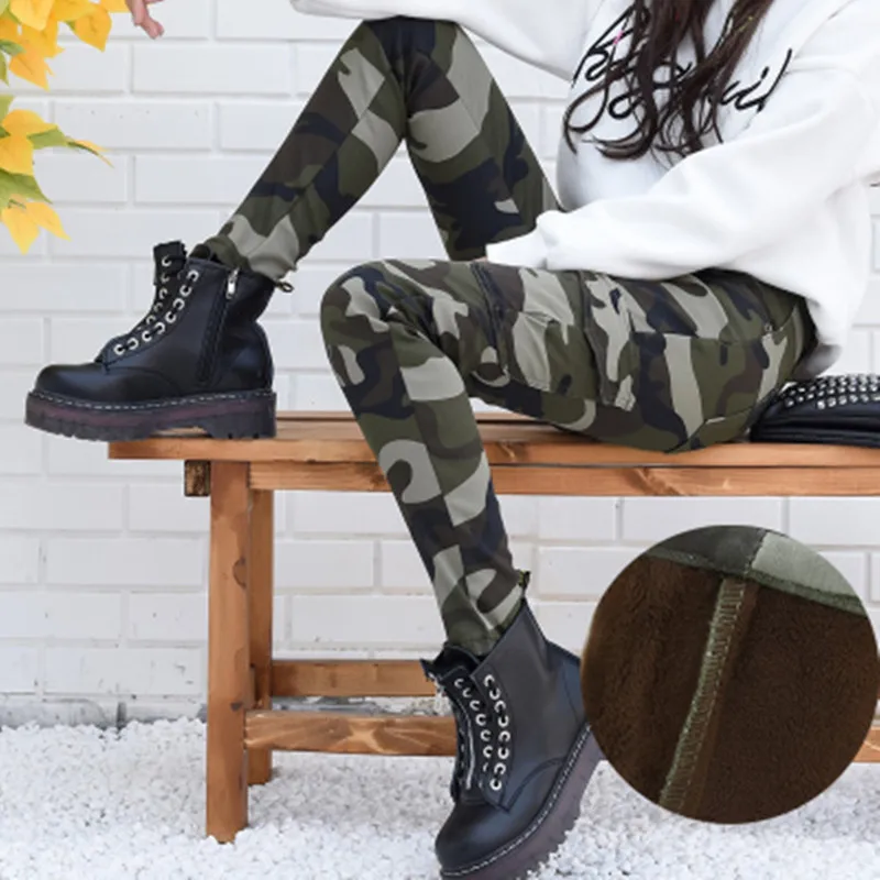 

Winter Warm Thick Velvet Stretch Camouflage Pants Military Uniforms Women's Casual Skinny Pencil Pants For Ladies