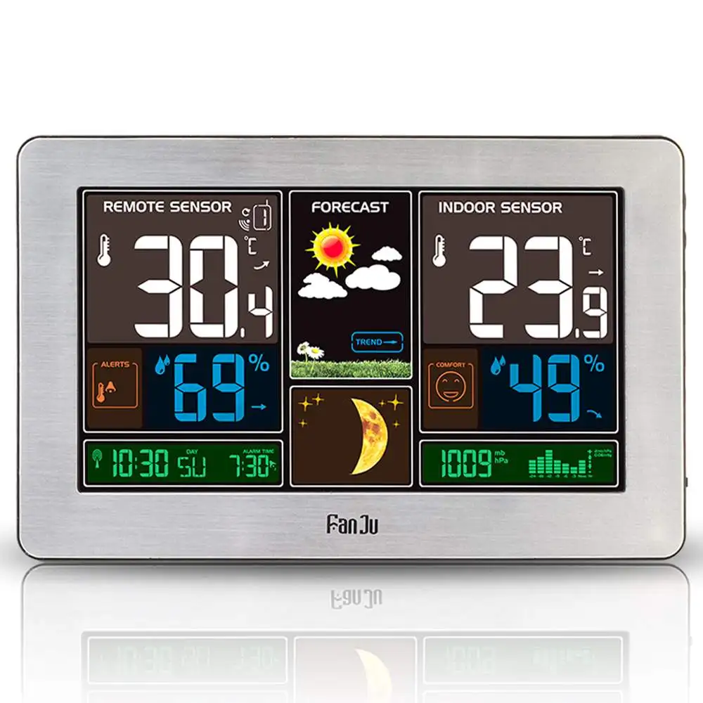 Silver FJ3378 цифровые часы с будильником, метеостанция, настенные, для помещений, для улицы, часы с температурой и влажностью, часы с фазой Луны, с USB зарядным устройством - Цвет: Silver