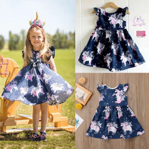 Детские для маленьких девочек Цветочный животных Единорог pattern летнее платье