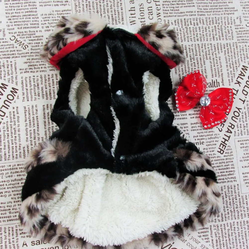 

New The Fur Coat Design Winter Dog Clothes Warm Leopard Dresses For Dogs clothing With Bowknot Pet Products Free Shipping