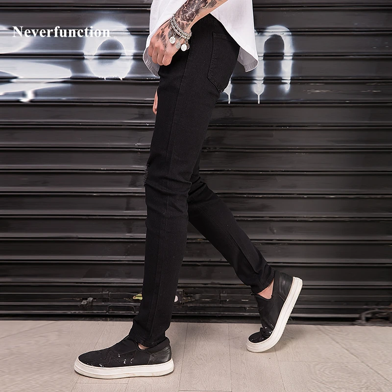 

New Men Ripped Slim fit Beggar Jeans black 95% Cotton Hip hop Fashion Streetwear Holes Stretch Skinny Jogger male Denim pants