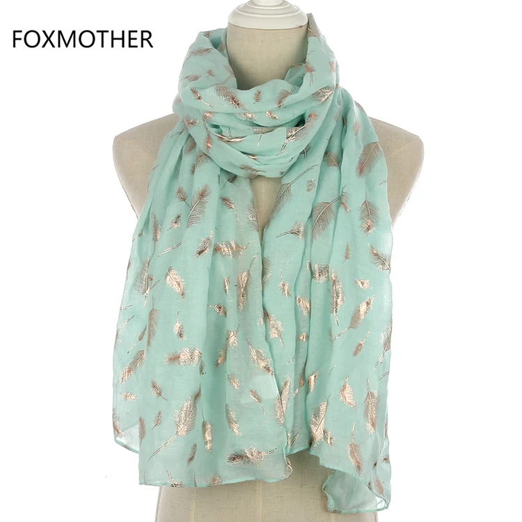 FOXMOTHER Новая Мода мятно-зеленый/розовый Фольга Золото перо шарф хиджаб шаль для женщин - Цвет: Mint Long
