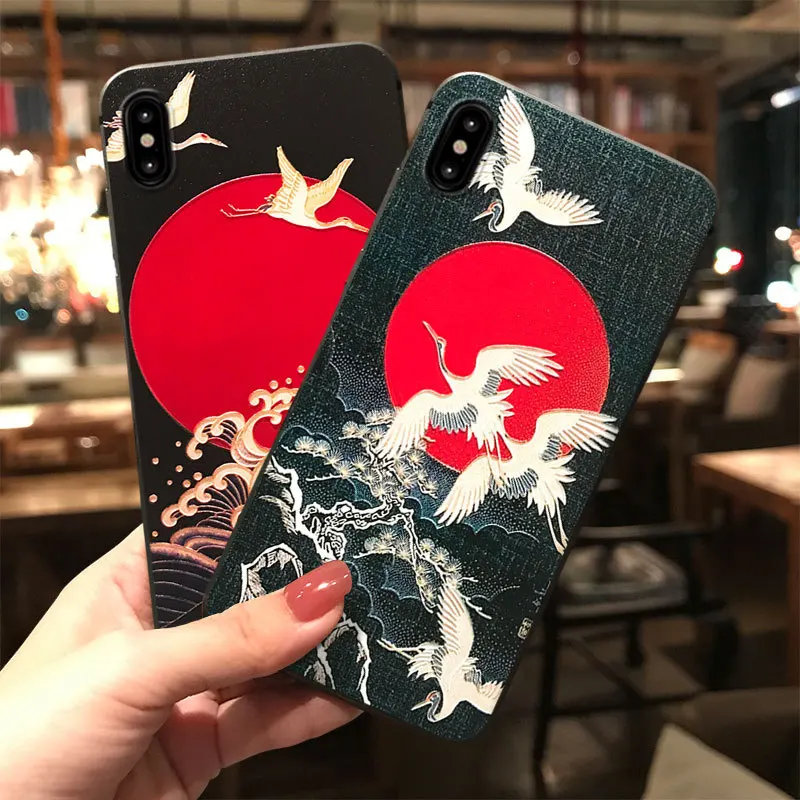 JIBAN Red Sun Flying Crane Phone Case For OPPO 17pro R11s R9s Plus XiaoMi 9 8se Mix2 5s Embossed Antique Silicone Soft Cover |