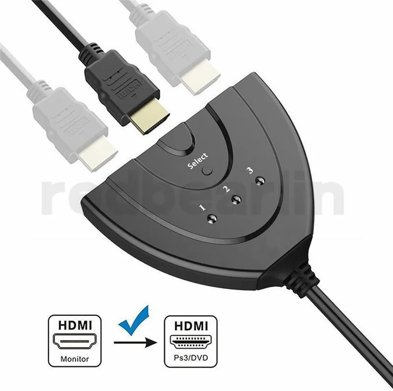 HDMI Splitter 3 Ports Switcher Cable 1.4b 1080P for DVD HDTV Xbox PS3 PS4 in 1 out Port Hub Switch |