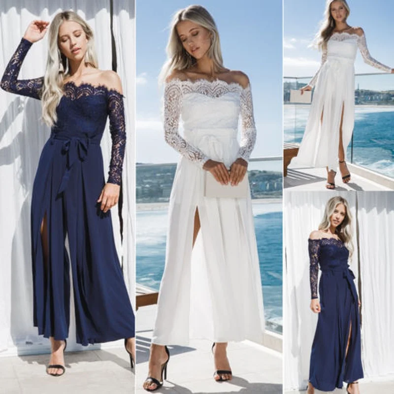 ZOGAA женские сексуальные белые кружевные Длинные Комбинезоны Формальное вечернее