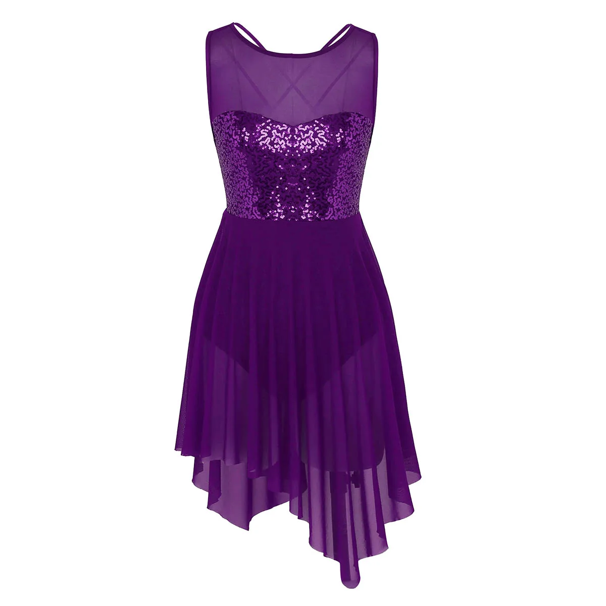 Dark Purple Балетные трико для женщин, взрослые балетные платья с блестками, асимметричное Сетчатое платье с перекрещивающимися на спине бретелями, боди, балетное платье для танцев - Цвет: Dark Purple