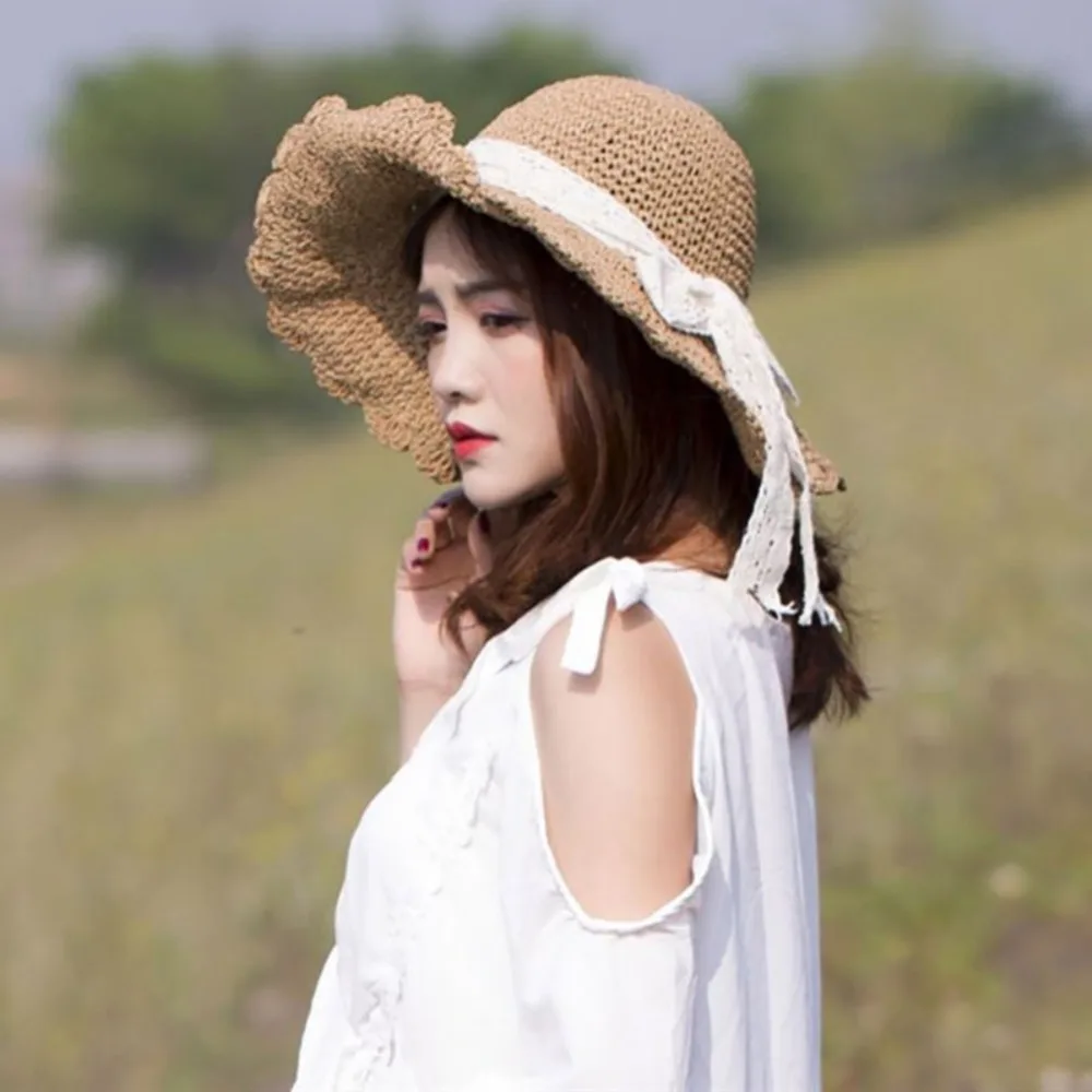 

Women's Summer Wide Brim Straw Lace Strap Sun Cap