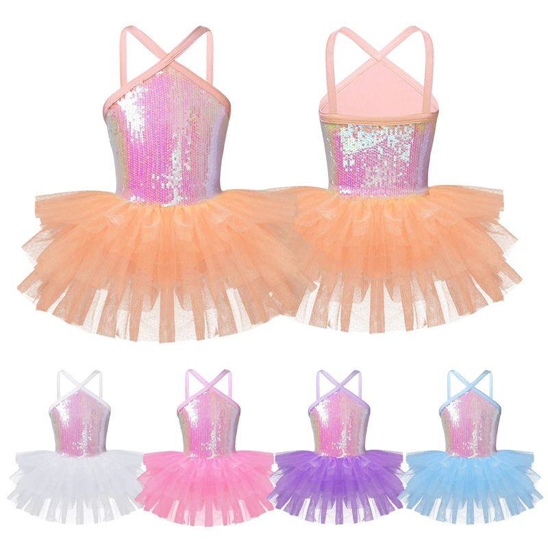 Kids Girls Sleeveless Halter Sequins Ballet Dance Gymnastics Leotard Tutu Dress for Children's Dancewear Ballerina Fancy Costume | Детская