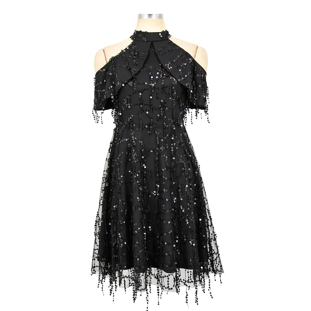 Женское сексуальное вечернее платье с блестками и воротником-стойкой открытыми