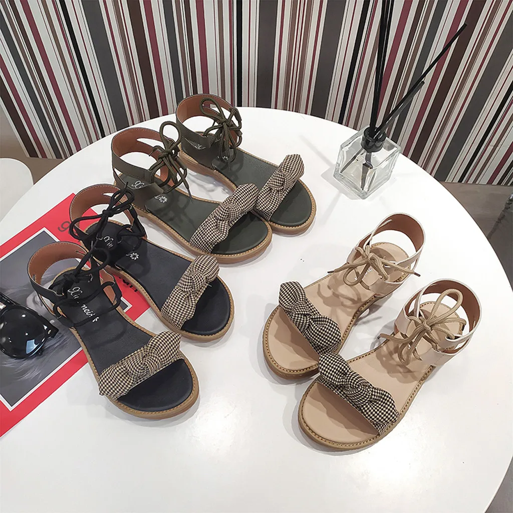 Женские пляжные сандалии в римском стиле с перекрестной шнуровкой бантом на