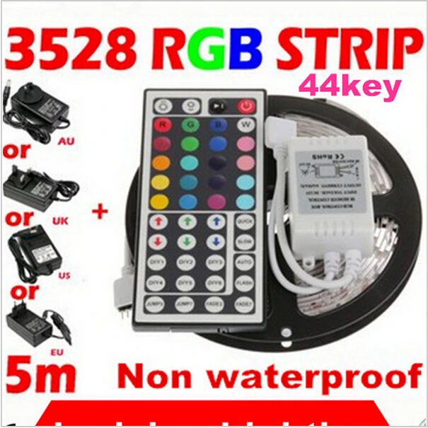 

5M SMD 3528 RGB LED Strip Flexible Light 60LEDs/M with 44Keys IR Remote Controller White Blue Red and DC12V 2A 24W Power Adapter