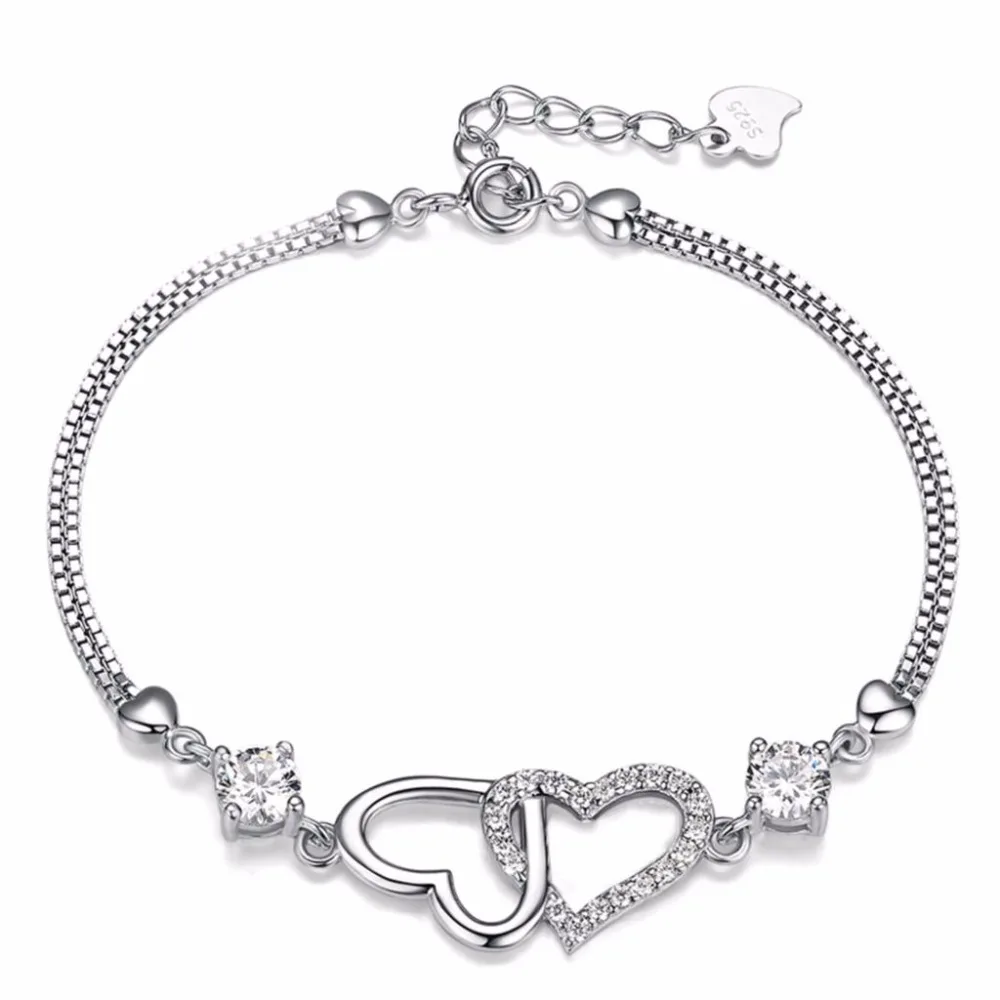 

Simple Double Heart Charm Bracelet For Women Love Heart with White Crystal Bracelets Silver Color Metal Fashion Jewelry Gifts