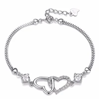 simple double heart charm bracelet for women love heart with white crystal bracelets silver color metal fashion jewelry gifts