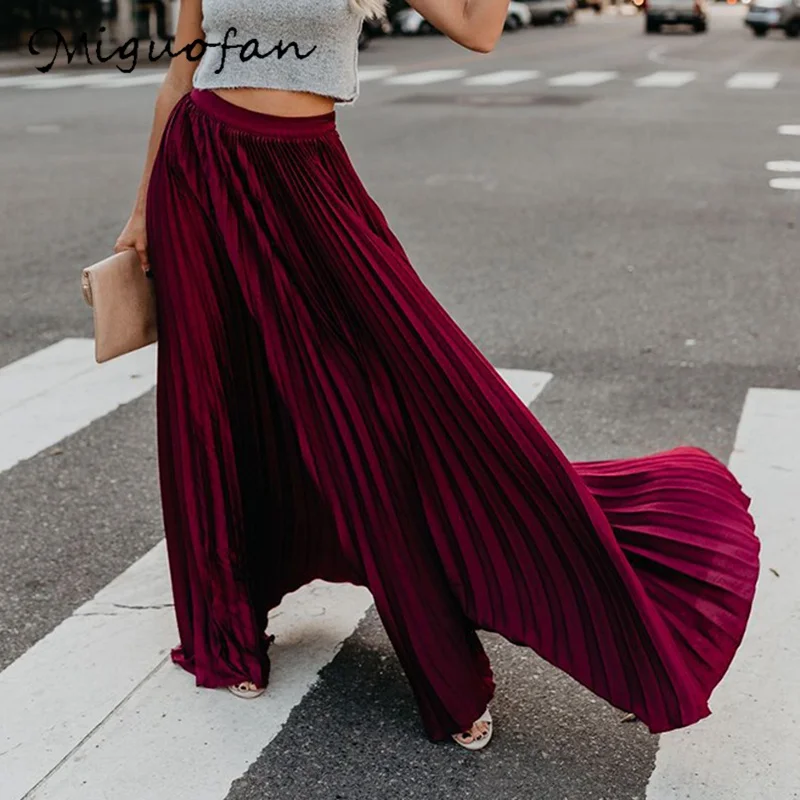 Бургундия Miguofan Pleated Skirt Women High Waist Long Skirts Loose Streetwear Solid Black White Maxi Skirts Summer Jupe Femme - Цвет: Бургундия