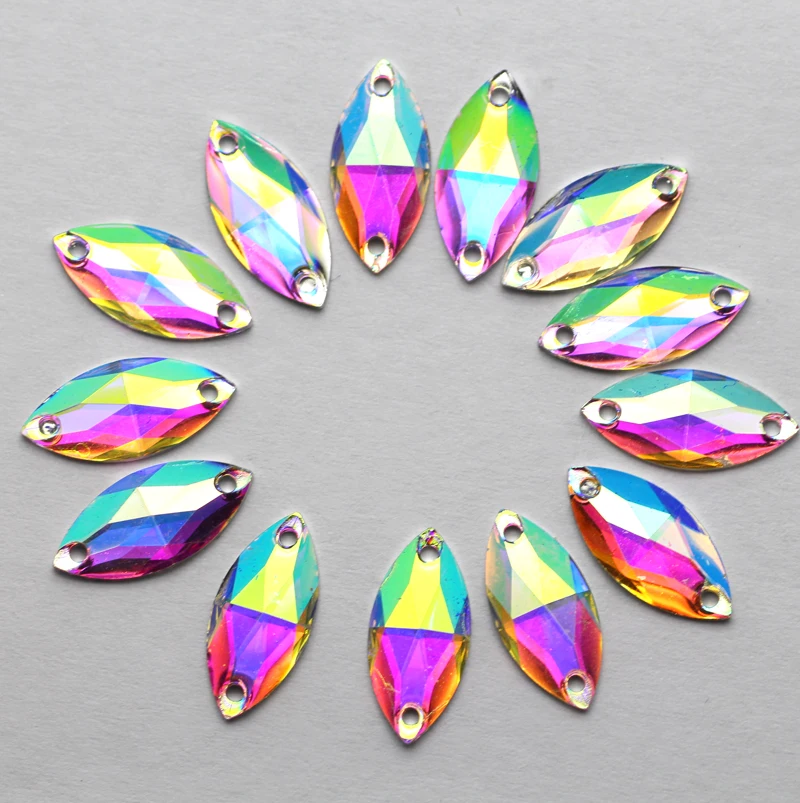 

7*15mm 100pcs Marquise Crystal AB Color Silver Base Sew On Rhinestone Beads, Sew On Stones Spacer buttons for Garment Jewelry