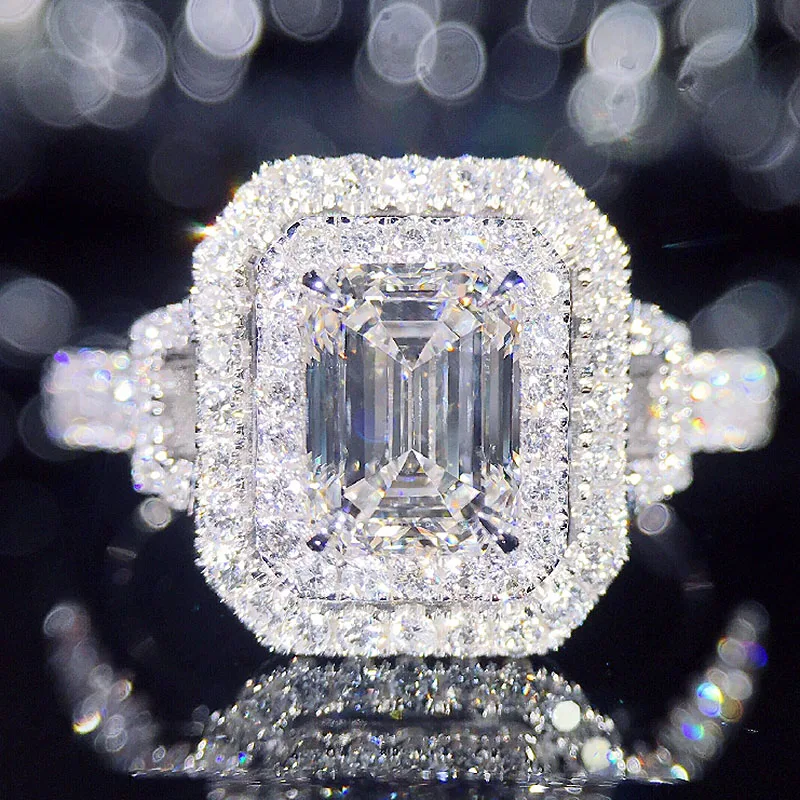 Fashion Design 18K White Gold Center 1ct Emerald Cut Moissanite Double Halo Ring Engagement Wedding Jewelry For Women | Украшения и