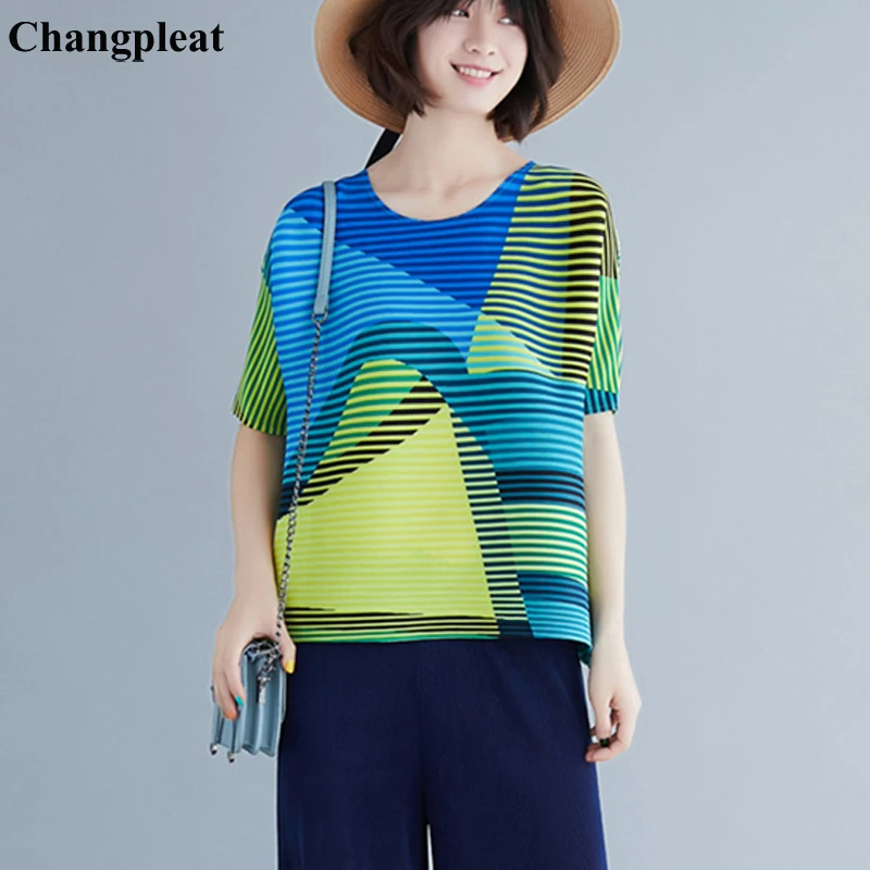 Changpleat 2019 летние новые женские футболки в полоску с принтом топы miяка