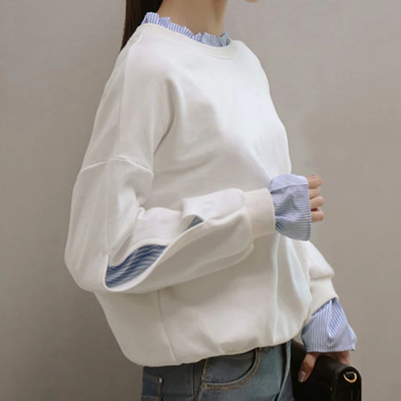 Fake 2-pieces Sweatshirt for Women Stylish Split Long Sleeve Striped Inside Autumn Winter Girls Sweet Loose Tops M-XXL | Женская одежда
