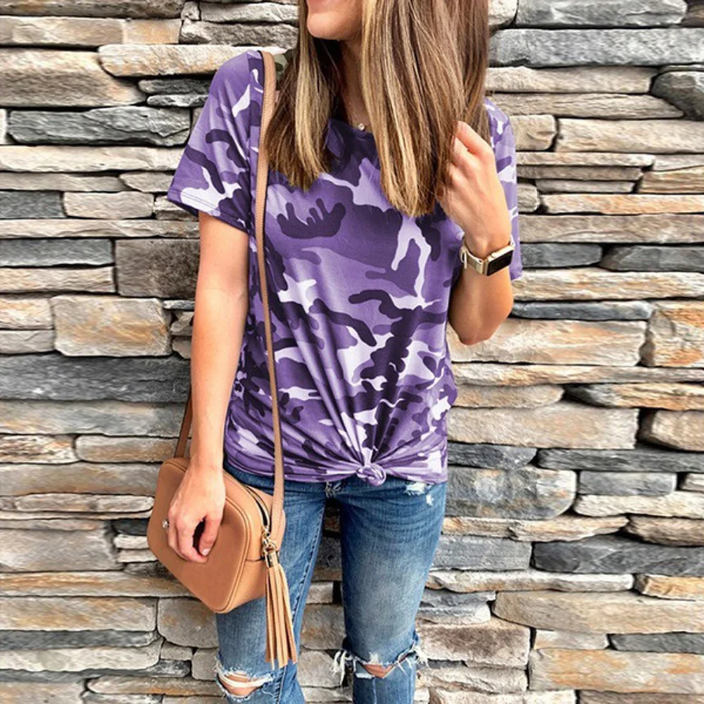 Женские повседневные топы камуфляжные 2019 летние свободные с круглым вырезом