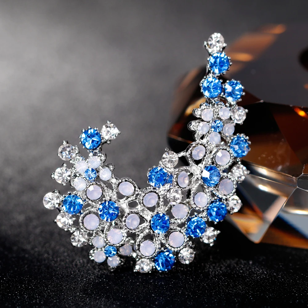 Новый Элегантный Роскошный Blue Crystal Цветок Лист в Стиле Модерн Брошь Pin Ясно Rhinestone