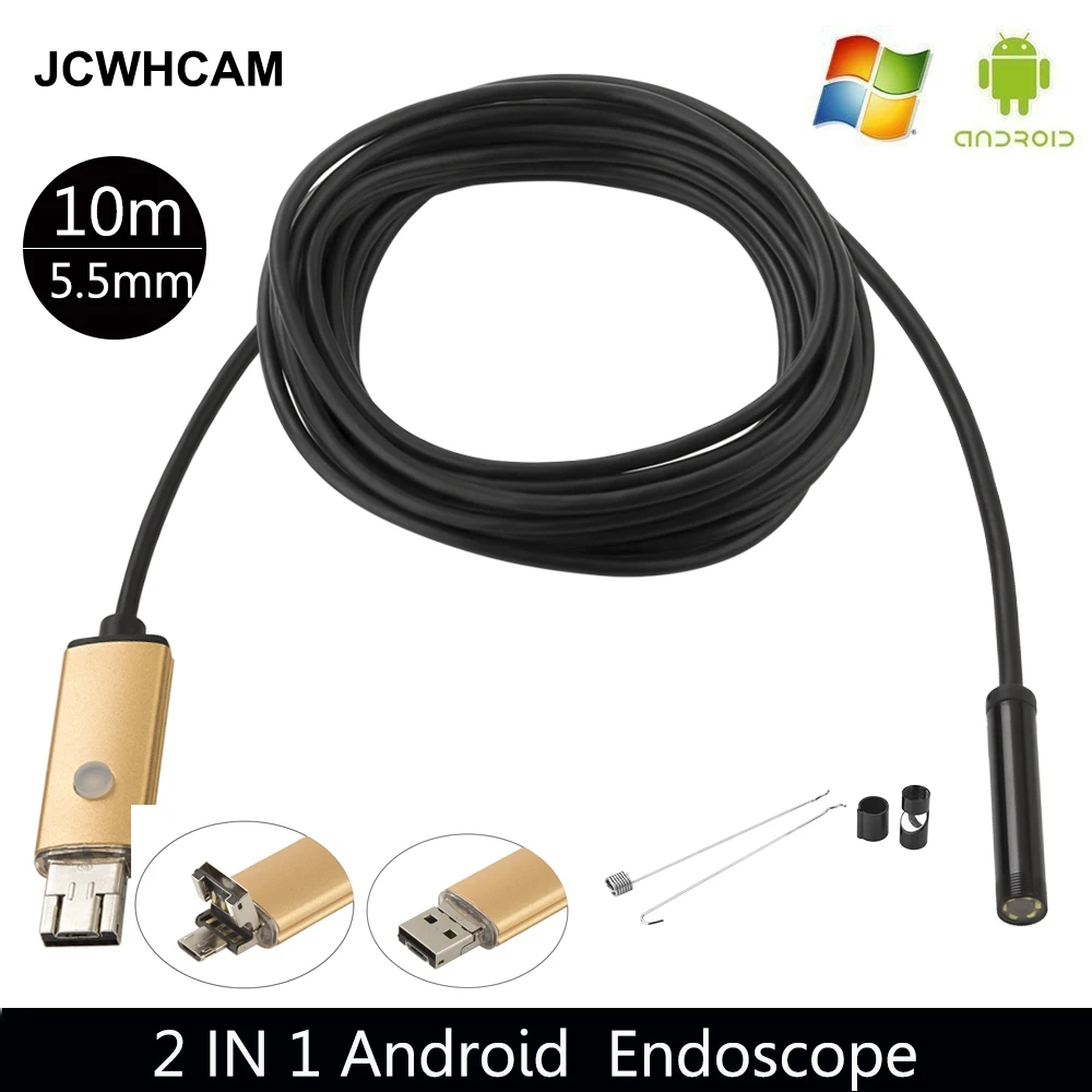 JCWHCAM HD 480P 5 мм Android USB эндоскоп камера 6 светодиодов Гибкая 10 м OTG бороскоп |