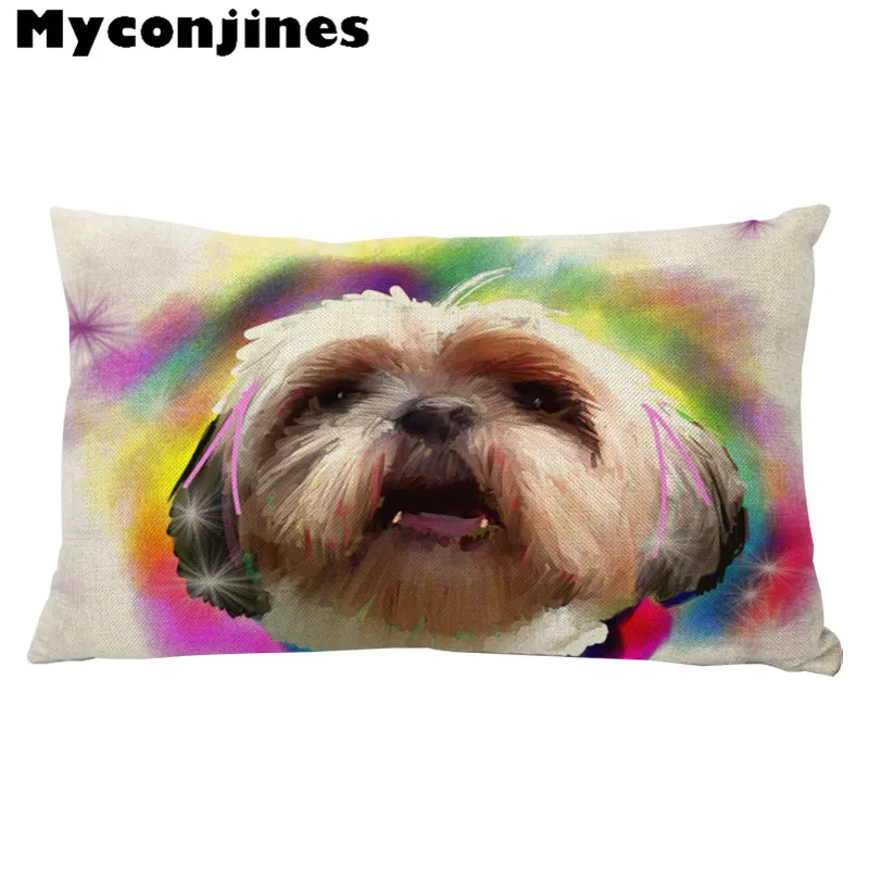 Милая мультяшная собачка, картина маслом, Shih Tzu, Наволочка на подушку, 17 дюймов, льняная декоративная домашняя подушка для сиденья автомобиля, осенняя подушка для леса