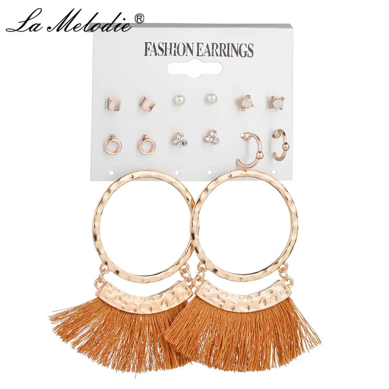 New Bohemian Tassel Earrings Set For Women Jewelry Triangles Round Rhinestone Stud Ear Boucle D'oreille | Украшения и