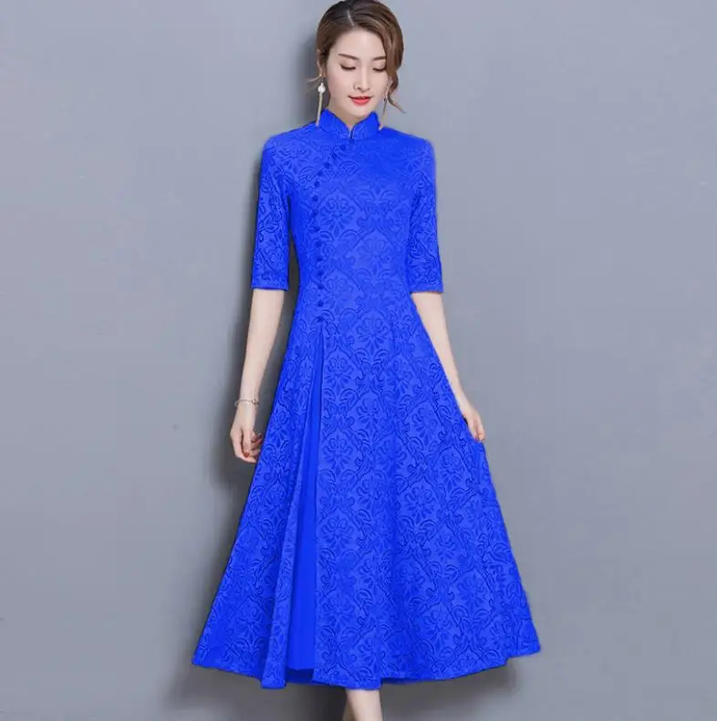 7 new vintage Lace Long dress women Summer Chinese Style A-Line dress Solid color Half sleeve Ankle-Length dress women - Цвет: 7