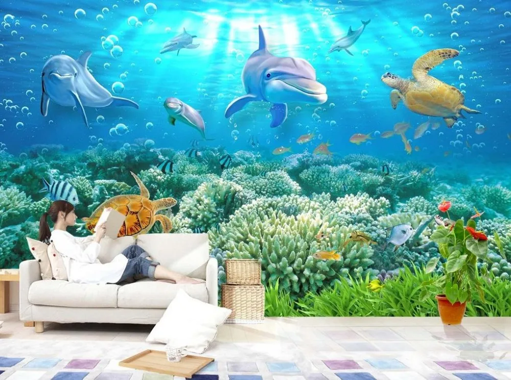 3d обои для комнаты подводный мир Дельфин 3D фон морские черепахи фото |