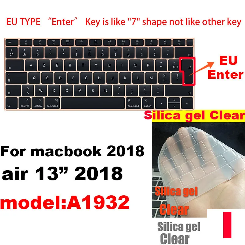 Для Apple Macbook air pro retina EU/US версия A1466/1502/1398/1534/1990 Клавиатура Чехол Silica гелевый из термопластика прозрачный протектор пленка