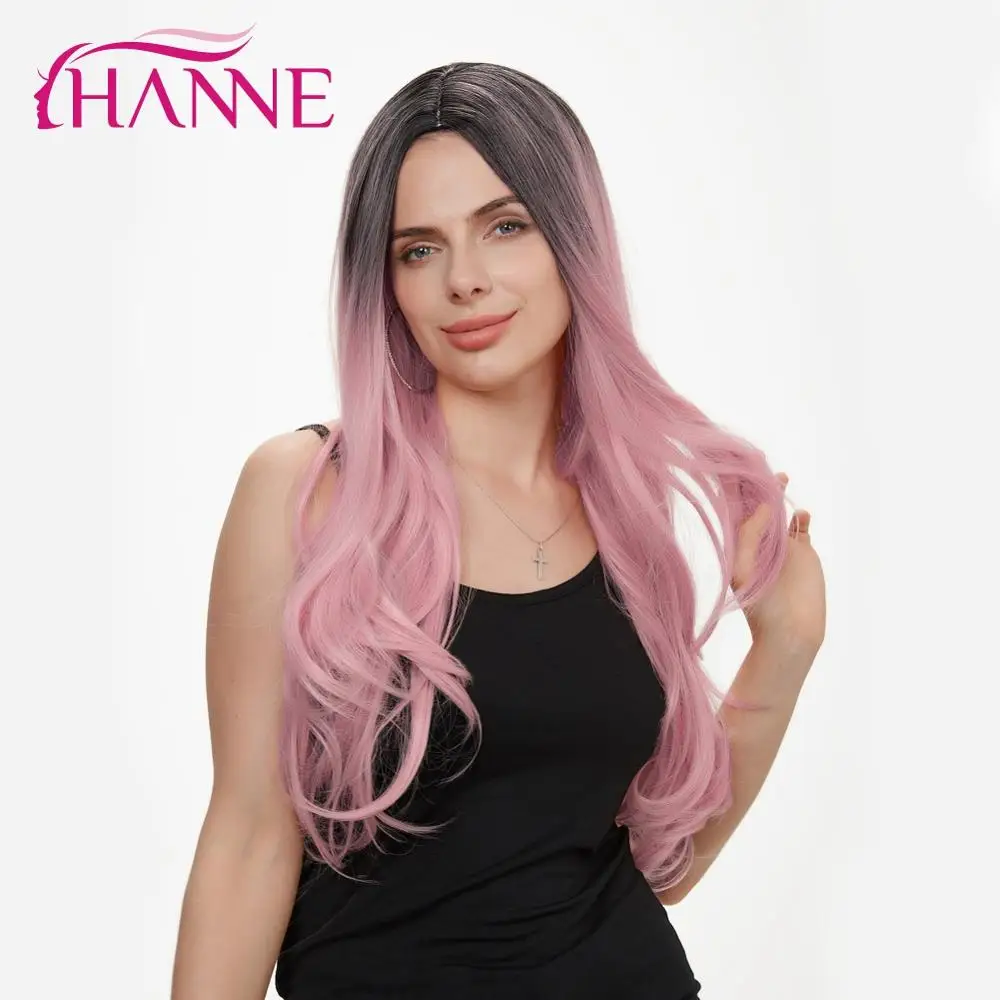 Парики из синтетических волос HANNE черные и розовые термостойкие длинные