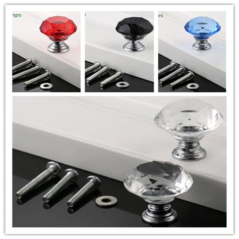 

bowarepro Diamond Crystal Glass furniture handle hardware furniture door handle cabinet knobs and handle pan 2 knob+6 Screw 30mm