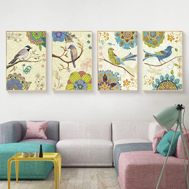 

HAOCHU American Pastoral Style Flowers Love Birds Small Fresh Home Living Room Hotel Wall Art Mural Poster Decorative Painting