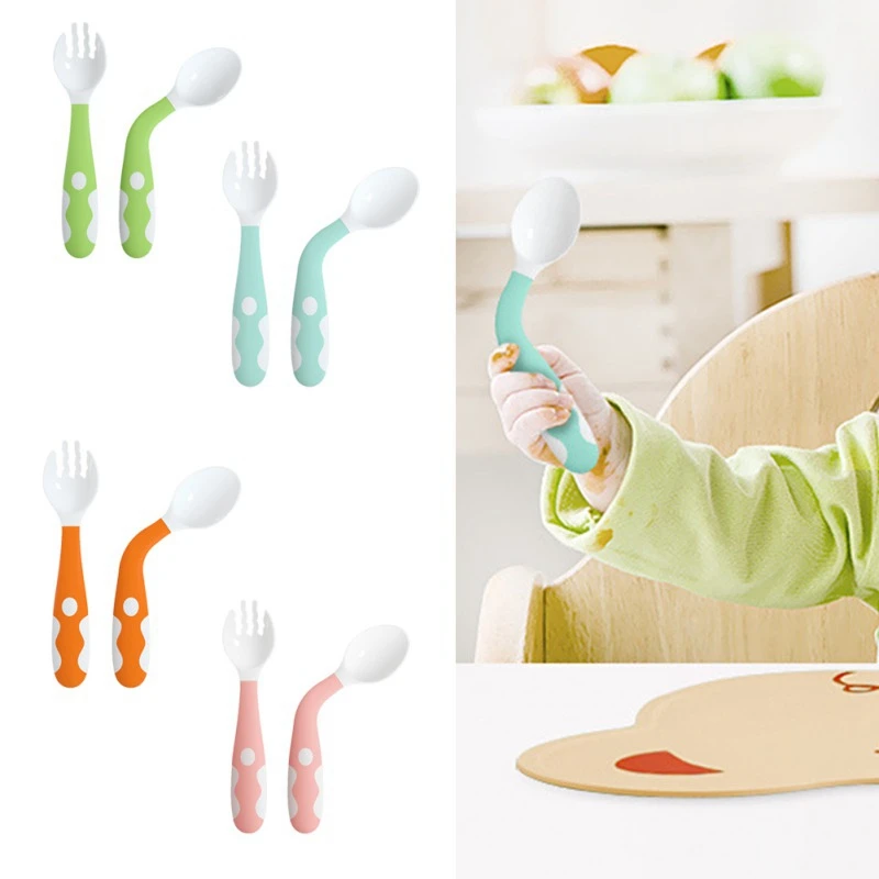

Toddler Babies Easy Grip Heat-Resistant Children Feeding Training Spoon Baby Utensils Feeding Spoon Fork Set Travel Safe Case