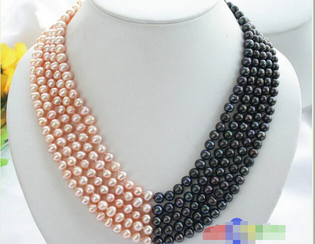 

FREE SHIPPING P2413 Luster 5row 7MM PINK BLACK FRESHWATER PEARL NECKLACE ^^^@^Noble style Natural Fine jewe &