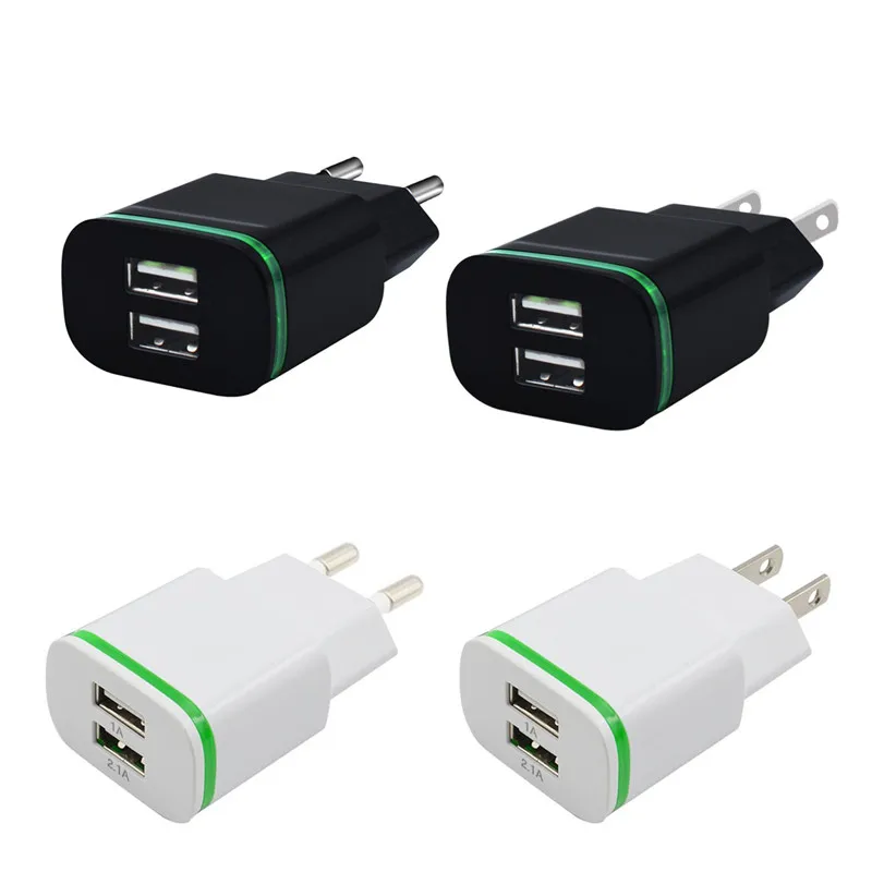 

500pcs 5V 2A Universal US EU Plug Dual USB Travel Charger Adapter for iPhone 8 X Samsung Huawei ZTE phone wall charger Green Led