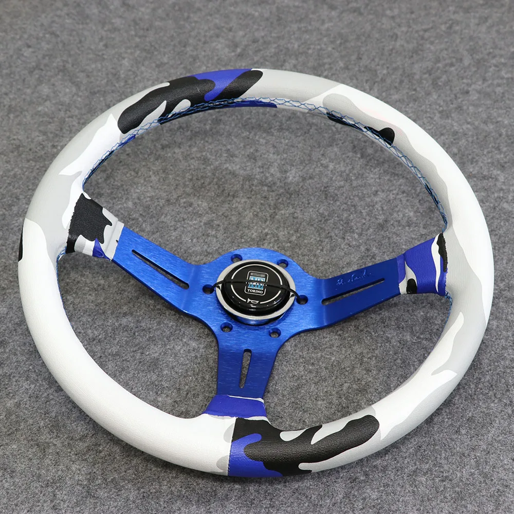 Silver/Blue/Black ND 14inch Camo PVC Leather Steering Wheel Deep Dish Drift Sport Steering Wheels