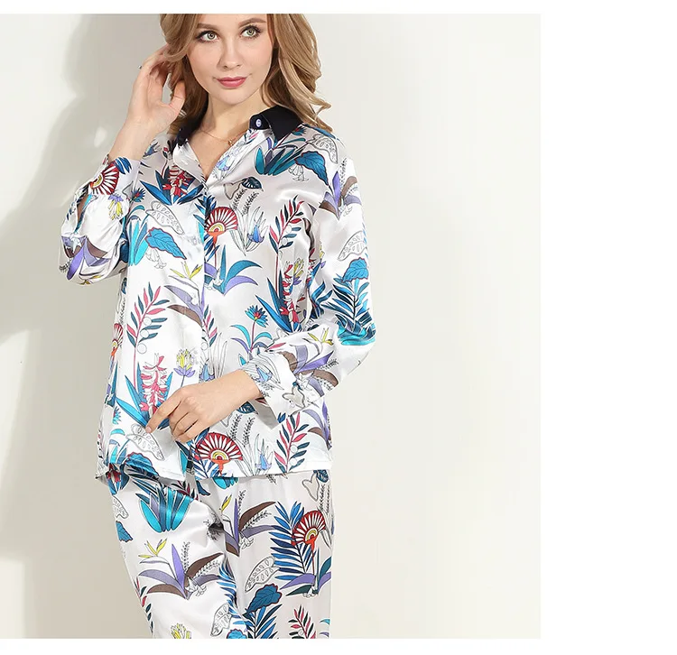 Silk pajamas ladies 100 silkworms silk new products printed fashionable spring and summer shirt-style home wear