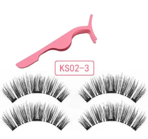 KS02-3 with clip box 4 шт./пара 3 Магнитный 3D ресницы накладные ресницы с 3 магниты ручной работы из натурального клей для наращивания ресниц с подарочной коробкой - Длина: KS02-3 with clip box