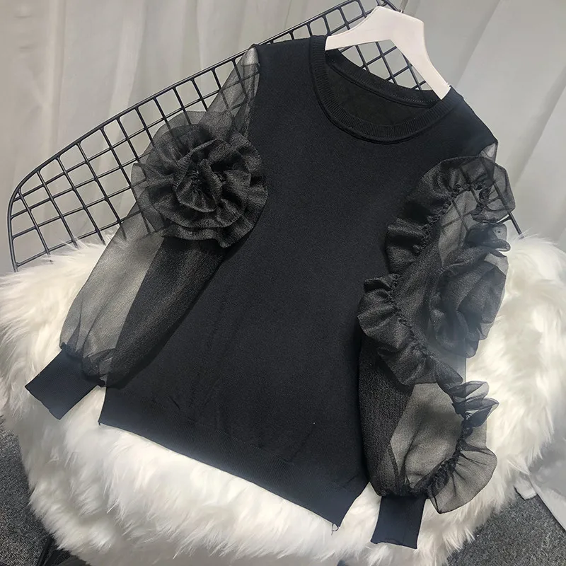 LUOSHA Women 2020 Spring Summer Knitted Organza Patchwork Lantern Sleeve 3D Flower Pullover Sweater Top Fashion Tops Mujer Femme | Женская