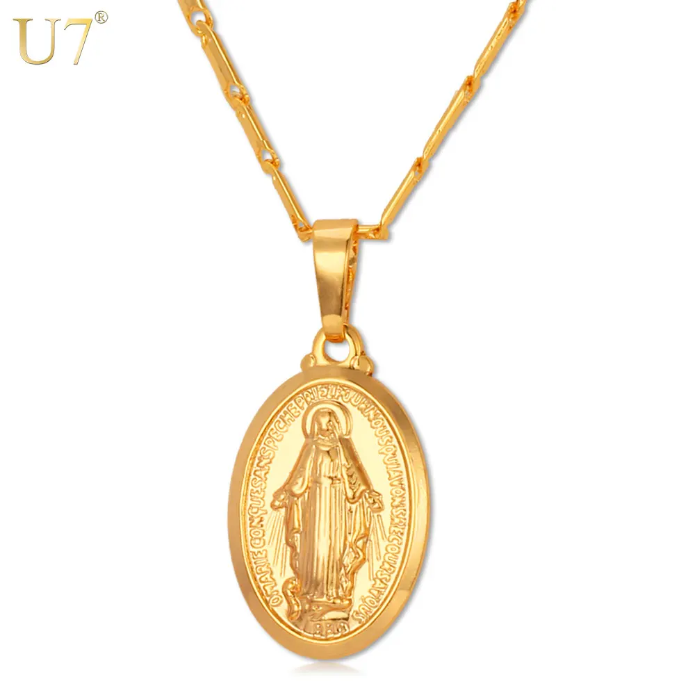 

U7 Catholic Christian Jewelry Mother Cameo Design Virgin Mary Pendant Necklace Religious Jewelry Coin Necklace for Women P357