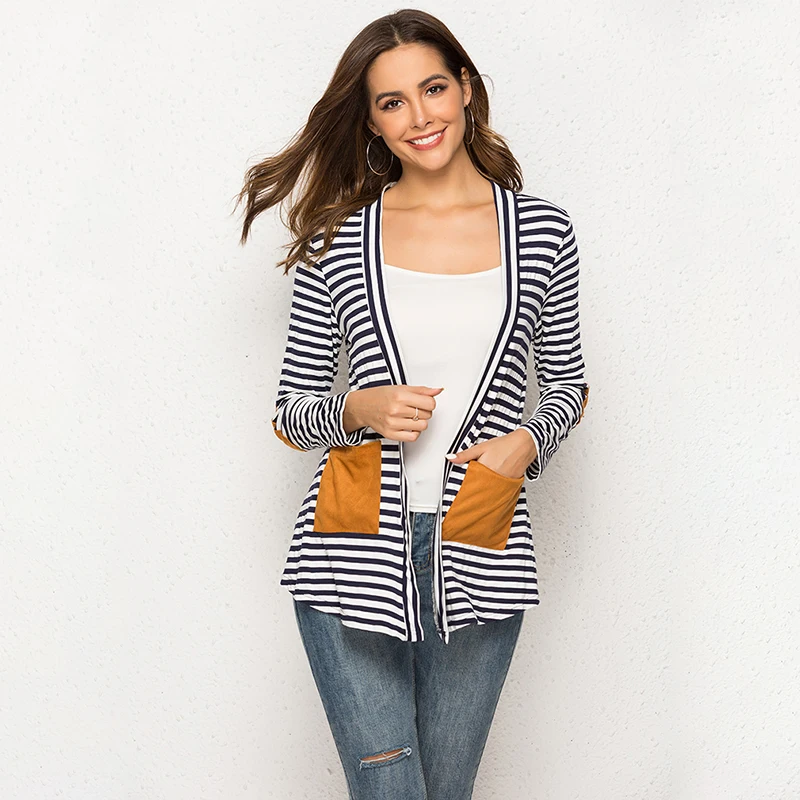 

Women Jacket Long Sleeve Stripe Patchwork Cardigan Female Elegant Pocket Coat Women Jacket Fashion Streetwear