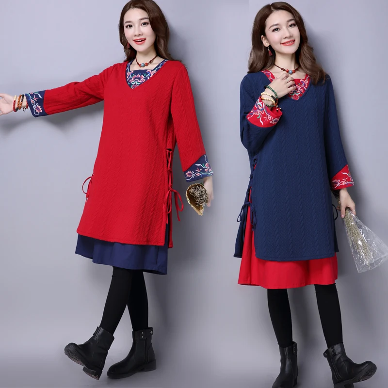 Women Plus Size M-XXL Long Sleeve Vintage False Two Autumn Winter Dress Warm Thermal Vestidos Women's Dresses New Arrival 2017 | Женская