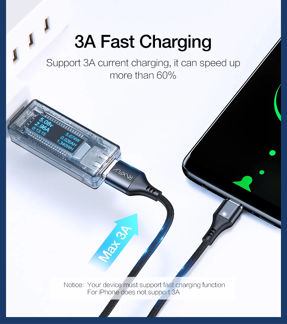 Магнитный usb-кабель RAXFLY 3A для iPhone XR XS Max, быстрая зарядка, Магнитный зарядный кабель Micro USB type-C для Xiaomi Redmi Note 7