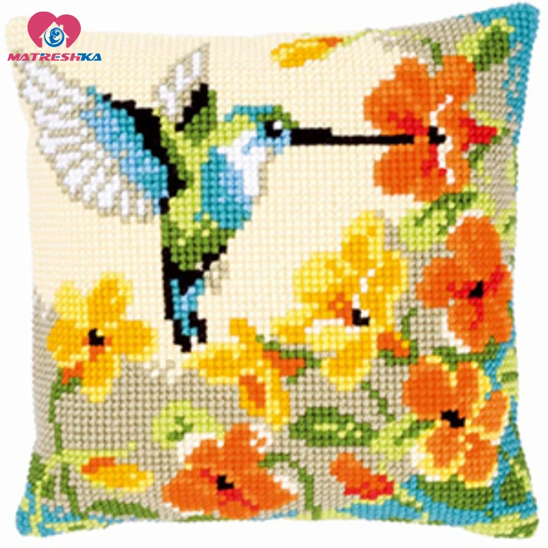 Вышивка крестиком вышивка цветок птица наволочка DMC Счетный крест подушка холст