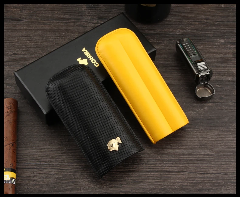COHIBA кожаный чехол для сигар Humidor портативный карманный 2 трубки держатель дорожный увлажнитель для сигар коробка для хранения аксессуары для сигар W/Подарочная коробка
