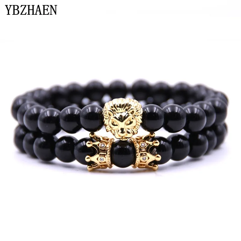 YBZHAEN 2 шт./компл. пара браслет Мода Натуральный камень Бусины Для мужчин Корона