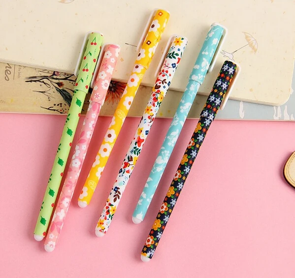 6 шт./лот черная чернильная гелевая ручка с цветочным рисунком для студентов