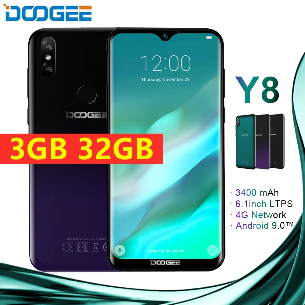 DOOGEE Y8 водонепроницаемый экран 6," FHD 19:9 смартфон MTK6739 3 ГБ 32 ГБ 3400 мАч Android 9,0 сканер отпечатков пальцев 4G мобильный телефон